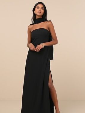 Lulus Rawya Black Strapless Maxi Dress And Scarf Set - Size M